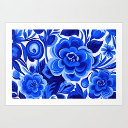 Floral Blue Flowers in White Art Print