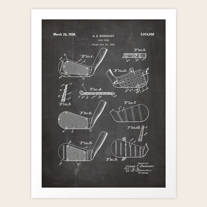 Golf Clubs Patent Golfing Art Black Chalkboard Art Print by Patent Press Society6