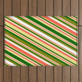 [ Thumbnail: Eyecatching Green, White, Red, Tan & Dark Green Colored Striped/Lined Pattern Outdoor Rug ]