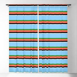 [ Thumbnail: Light Sky Blue, Forest Green, Red, Black, and White Colored Striped/Lined Pattern Blackout Curtain ]