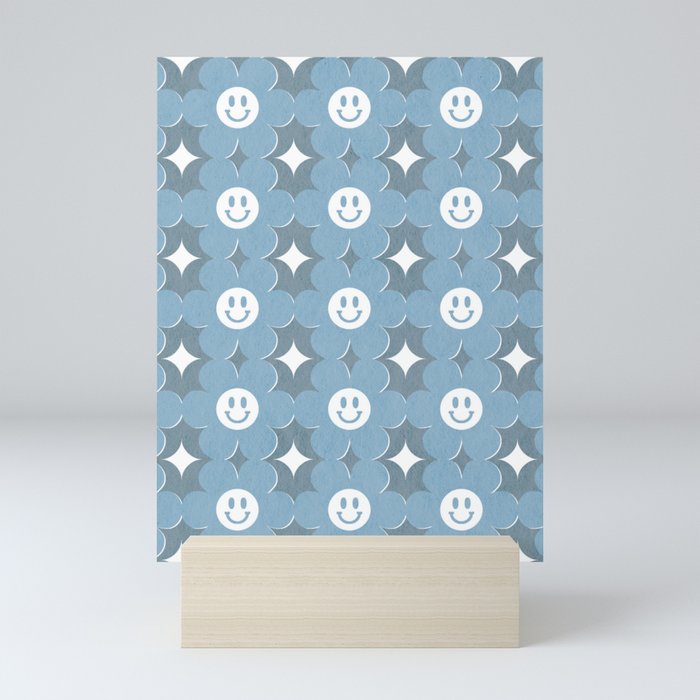 Retro happy smiley blooms pattern  # summer pale blue Mini Art Print