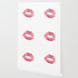 Beautiful realistic pink lips kiss isolated on white background. Lipstick mark.  Wallpaper
