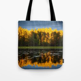 Mirrored autumn lake with golden foliage reflection as sun sets alpine color photograph / photography Tote Bag