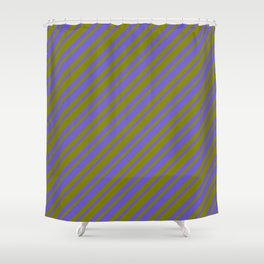 [ Thumbnail: Slate Blue & Green Colored Striped Pattern Shower Curtain ]