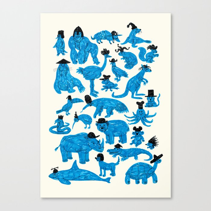 Blue Animals Black Hats Canvas Print