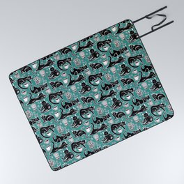 Black Cats & Coffee on Teal Picnic Blanket