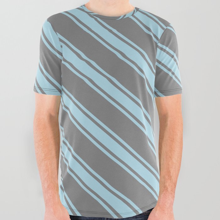 Grey & Light Blue Colored Stripes Pattern All Over Graphic Tee