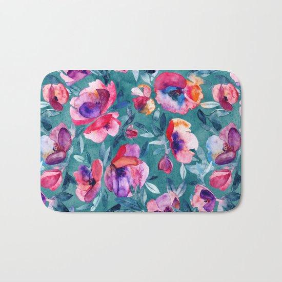 Flourish - a watercolor floral in pink and teal Bath Mat