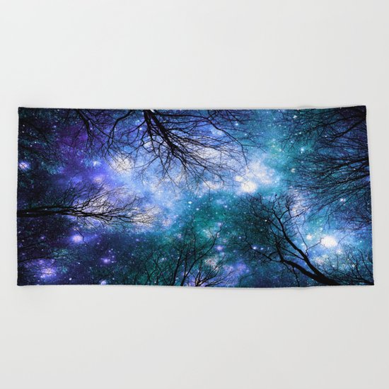 Black Trees Teal Violet Space Beach Towel