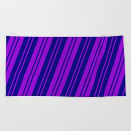 [ Thumbnail: Dark Violet and Blue Colored Pattern of Stripes Beach Towel ]