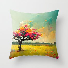 Tree with Colorful Flowers Throw Pillow