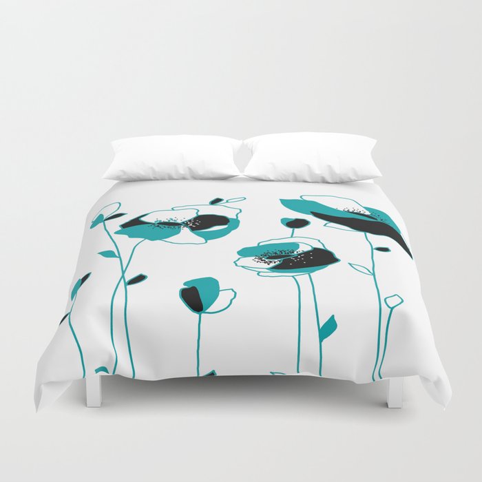 Teal And Black Floral Contemporary Design Duvet Cover By