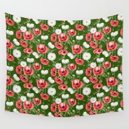 Daisy and Poppy Seamless Pattern on Green Background Wall Tapestry