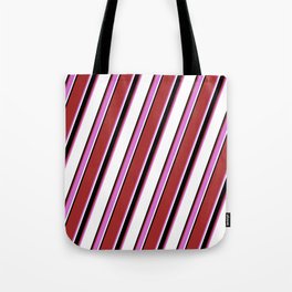[ Thumbnail: Brown, Orchid, White & Black Colored Pattern of Stripes Tote Bag ]