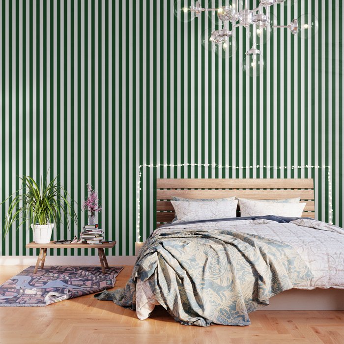 Jumbo Forest Green and White Rustic Vertical Cabana Stripes Wallpaper