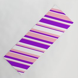 [ Thumbnail: Light Pink, Dark Violet, and White Colored Lined/Striped Pattern Yoga Mat ]