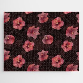 Scarlet hibiscus flowers on a burgundy background Jigsaw Puzzle