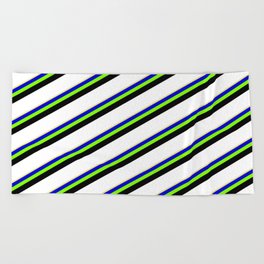 [ Thumbnail: Eyecatching Tan, Blue, Chartreuse, Black & White Colored Lines/Stripes Pattern Beach Towel ]