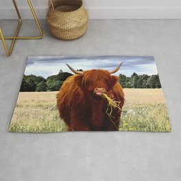 Happy Highland Cow in Meadow Area & Throw Rug