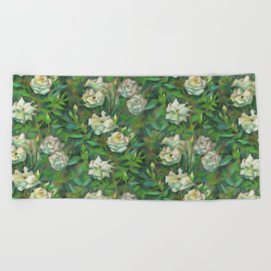 "White roses, green leaves", pastel painting, floral art Beach Towel