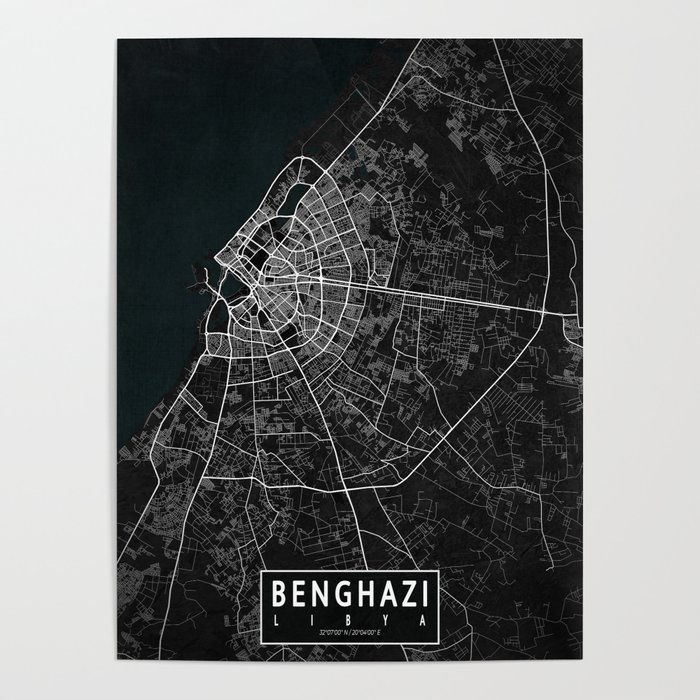 Benghazi City Map of Libya - Dark Poster