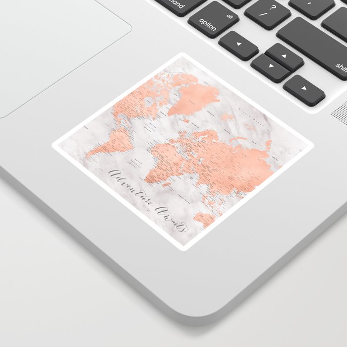 Adventure awaits world map in rose gold and marble, "Janine" Sticker