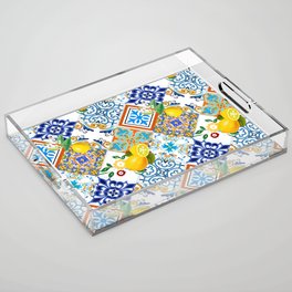 Tiles,mosaic,azulejo,quilt,Portuguese,majolica,lemons,citrus. Acrylic Tray