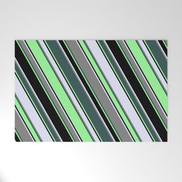 [ Thumbnail: Eye-catching Lavender, Grey, Dark Slate Gray, Green & Black Colored Pattern of Stripes Welcome Mat ]