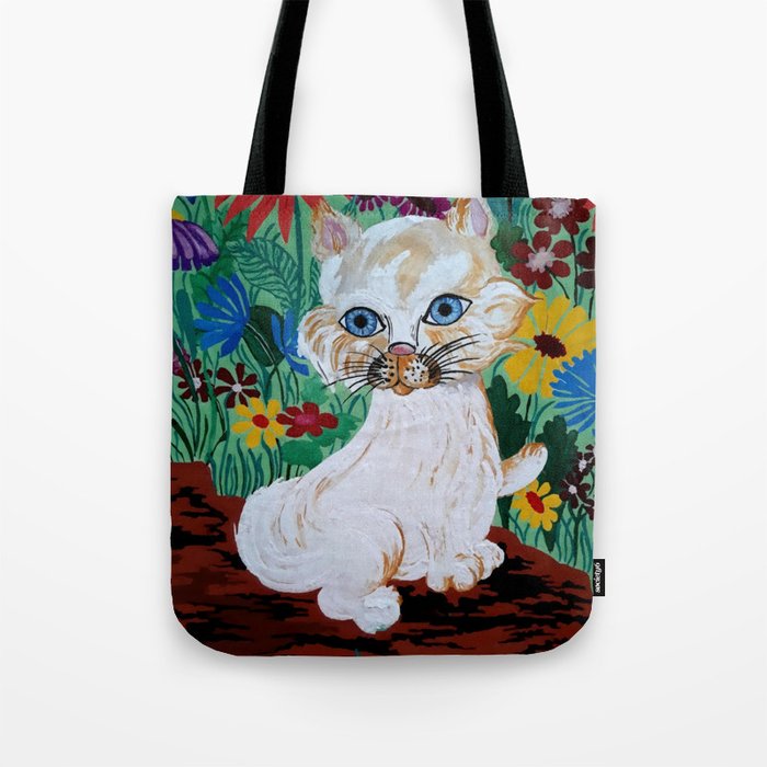 Cute white cottage kitty in the blooming garden with milk bowl and red butterfly  Tote Bag