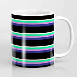 [ Thumbnail: Beige, Green, Orchid, Midnight Blue, and Black Colored Lined Pattern Coffee Mug ]