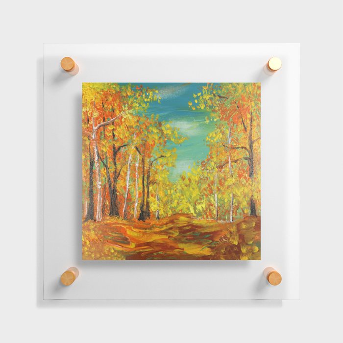 nature landscape teal blue sky yellow orange fall autumn sunny birch trees Floating Acrylic Print