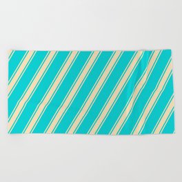 [ Thumbnail: Dark Turquoise and Tan Colored Lines Pattern Beach Towel ]