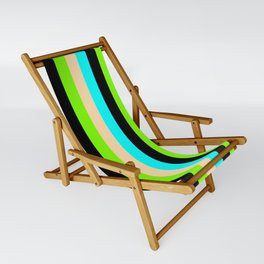 [ Thumbnail: Aqua, Tan, Green, and Black Colored Stripes Pattern Sling Chair ]