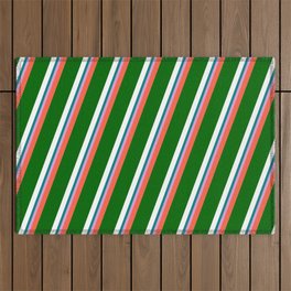 [ Thumbnail: Vibrant Red, Dark Green, White, Teal & Plum Colored Striped Pattern Outdoor Rug ]