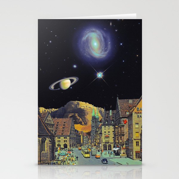 Galaxy Town - Space Collage, Retro Futurism, Sci-Fi Stationery Cards