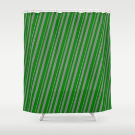 [ Thumbnail: Grey & Green Colored Stripes/Lines Pattern Shower Curtain ]