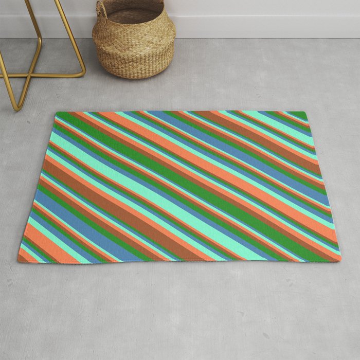 Aquamarine, Coral, Sienna, Forest Green, and Blue Colored Lined/Striped Pattern Rug