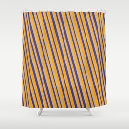 [ Thumbnail: Orange, Tan, and Dark Slate Blue Colored Striped Pattern Shower Curtain ]