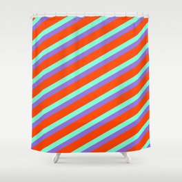 [ Thumbnail: Purple, Red, and Aquamarine Colored Stripes Pattern Shower Curtain ]