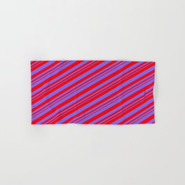 [ Thumbnail: Medium Slate Blue and Red Colored Lined Pattern Hand & Bath Towel ]