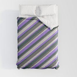 [ Thumbnail: Purple, Dark Slate Gray, Dim Gray, and Light Grey Colored Lined Pattern Comforter ]
