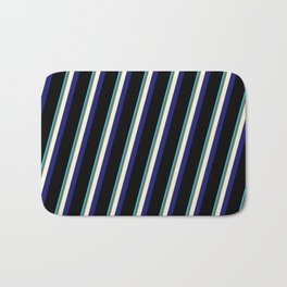 [ Thumbnail: Eye-catching Aqua, Dim Gray, Beige, Midnight Blue & Black Colored Stripes Pattern Bath Mat ]