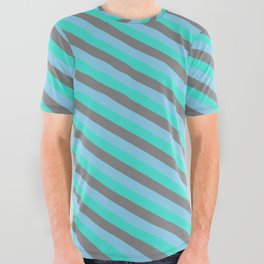 [ Thumbnail: Turquoise, Grey & Sky Blue Colored Striped Pattern All Over Graphic Tee ]