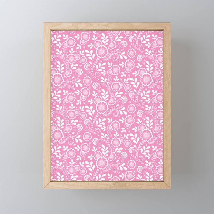 Pink And White Eastern Floral Pattern Framed Mini Art Print