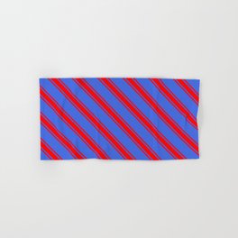 [ Thumbnail: Royal Blue and Red Colored Lined/Striped Pattern Hand & Bath Towel ]