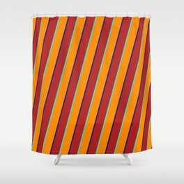 [ Thumbnail: Dark Orange, Midnight Blue, Red, and Turquoise Colored Striped Pattern Shower Curtain ]