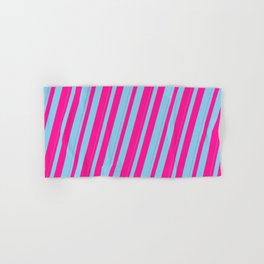[ Thumbnail: Sky Blue & Deep Pink Colored Striped Pattern Hand & Bath Towel ]
