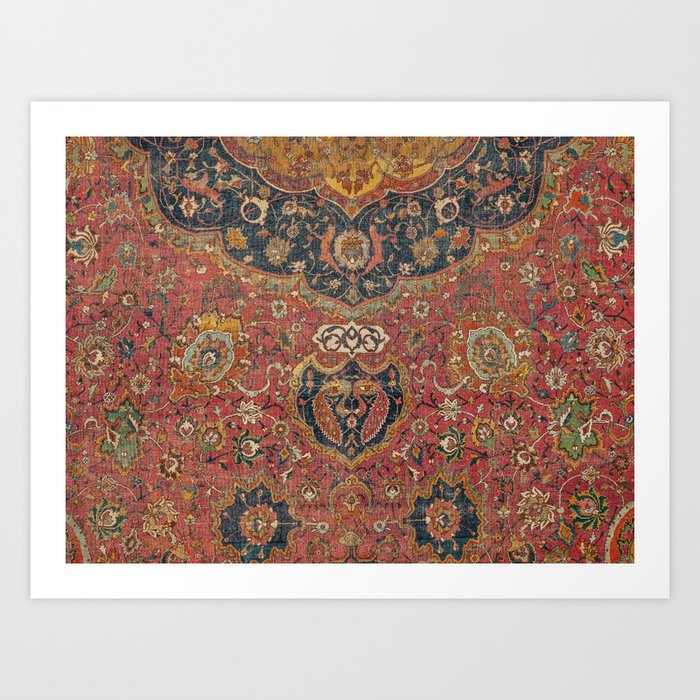 Persian Medallion Rug I // 16th Century Distressed Red Green Blue Flowery Colorful Ornate Pattern Art Print