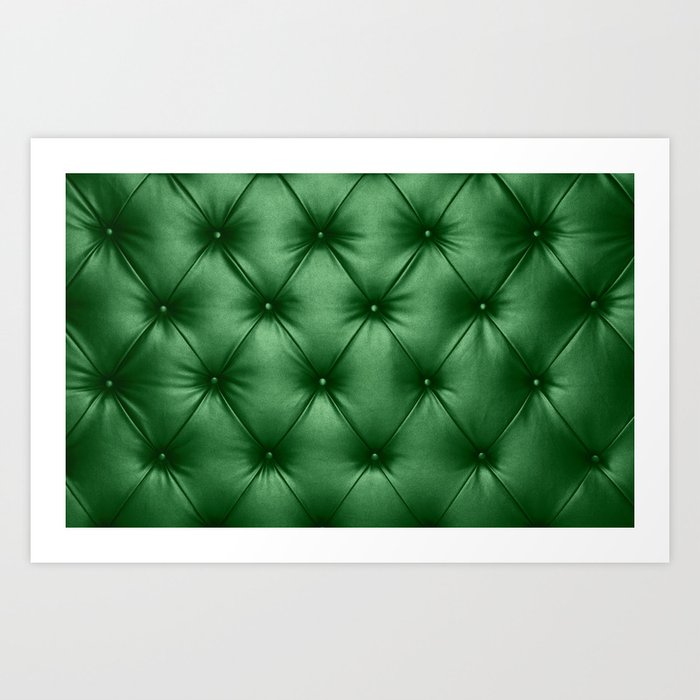 Close up background texture of dark green capitone genuine leather, retro Chesterfield style soft tufted furniture upholstery with deep diamond pattern and buttons Art Print