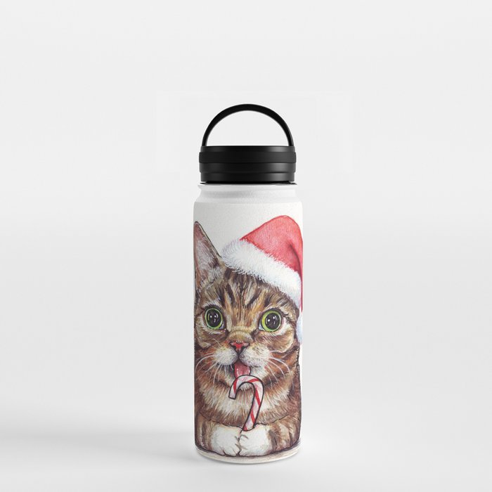 Christmas Cat in Santa Hat Whimsical Holiday Animals Water Bottle